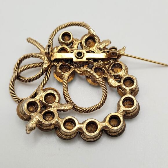 Vintage Unsigned Watermelon Heliotrope Rivoli Brooch 2" Gold Tone Rope Bow - Picture 5 of 8